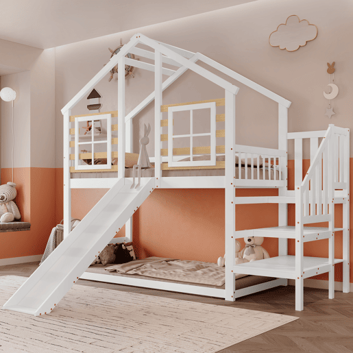 Beliche 90x200 cm - Cama de madeira com escada e corrimão, com escorregador e janela - Branca Beliche 90x200 cm - Cama de madeira com escada e corrimão, com escorregador e janela - Branca