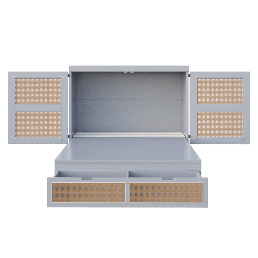 Cama rebatível 140x200 cm - Com estrado, vertical, com gavetas de arrumação, design rattan - Cinza