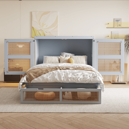 Cama rebatível 140x200 cm - Com estrado, vertical, com gavetas de arrumação, design rattan - Cinza