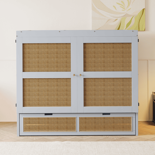 Cama rebatível 140x200 cm - Com estrado, vertical, com gavetas de arrumação, design rattan - Cinza