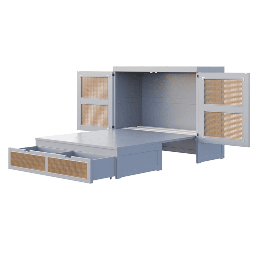 Cama rebatível 140x200 cm - Com estrado, vertical, com gavetas de arrumação, design rattan - Cinza