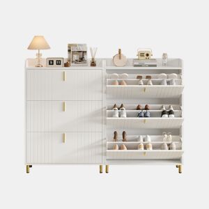 Sapateira estreita 80x23,5x123,5 cm - 2 armários com 3 portas, 6 compartimentos, ajustável, com sistema antivolteio - Branco