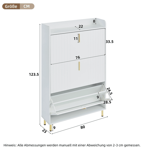 Sapateira estreita 80x23,5x123,5 cm - 2 armários com 3 portas, 6 compartimentos, ajustável, com sistema antivolteio - Branco Sapateira estreita 80x23,5x123,5 cm - 2 armários com 3 portas, 6 compartimentos, ajustável, com sistema antivolteio - Branco
