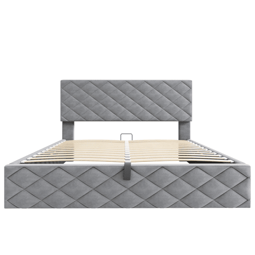 Cama estofada 140x200 - Cama funcional hidráulica com estrado e arrumação - Cinza