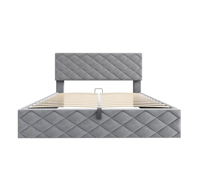 Cama tapizada 140x200 - cama funcional hidráulica con somier y almacenamiento - gris