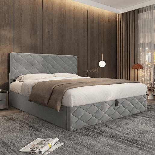 Cama estofada 140x200 - Cama funcional hidráulica com estrado e arrumação - Cinza