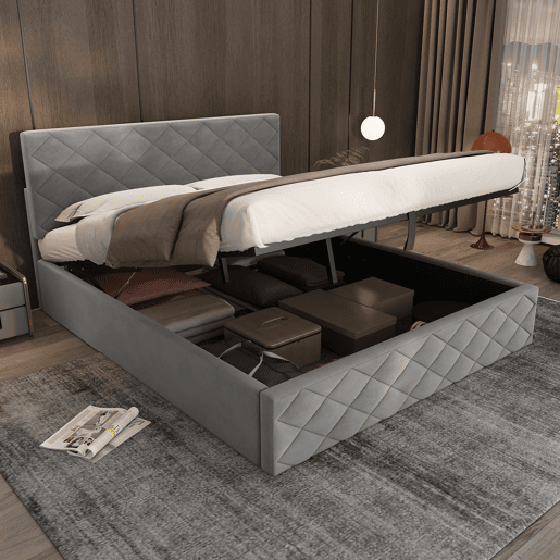Cama estofada 140x200 - Cama funcional hidráulica com estrado e arrumação - Cinza