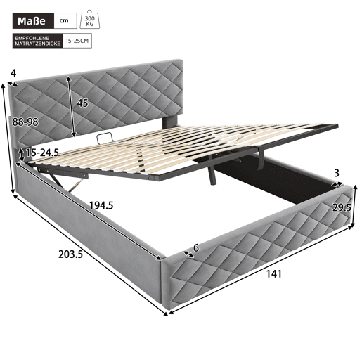 Cama estofada 140x200 - Cama funcional hidráulica com estrado e arrumação - Cinza