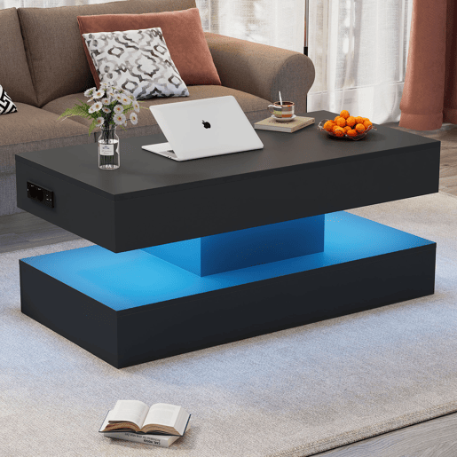 Mesa de centro moderna 100x50x42 cm - com iluminação LED, arrumação oculta e elevação hidráulica, carga máxima 50 kg - Preto