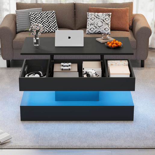 Mesa de centro moderna 100x50x42 cm - com iluminação LED, arrumação oculta e elevação hidráulica, carga máxima 50 kg - Preto