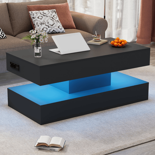 Mesa de centro moderna 100x50x42 cm - com iluminação LED, arrumação oculta e elevação hidráulica, carga máxima 50 kg - Preto