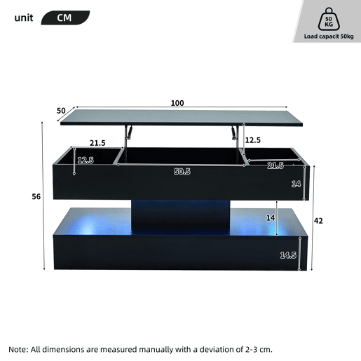 Mesa de centro moderna 100x50x42 cm - com iluminação LED, arrumação oculta e elevação hidráulica, carga máxima 50 kg - Preto