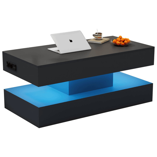 Mesa de centro moderna 100x50x42 cm - com iluminação LED, arrumação oculta e elevação hidráulica, carga máxima 50 kg - Preto