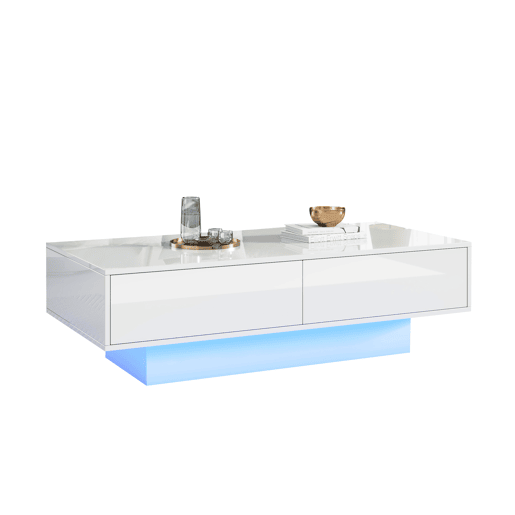 Mesa de centro moderna 115x55x34 cm - 2 gavetas, iluminação LED, capacidade para 30 kg - Branco
