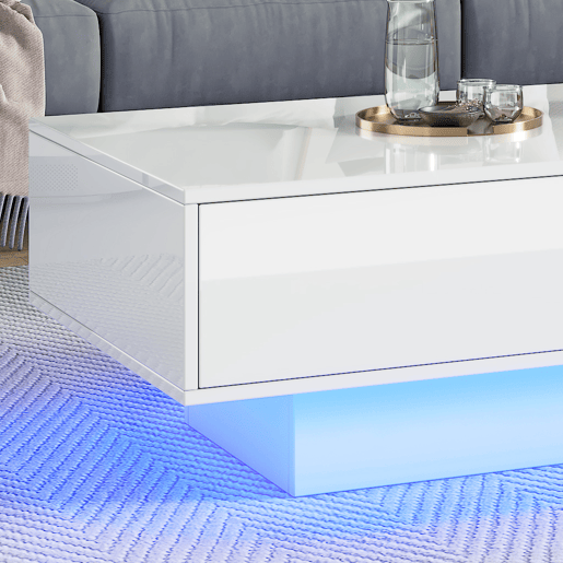 Mesa de centro moderna 115x55x34 cm - 2 gavetas, iluminação LED, capacidade para 30 kg - Branco