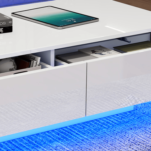 Mesa de centro moderna 115x55x34 cm - 2 gavetas, iluminação LED, capacidade para 30 kg - Branco