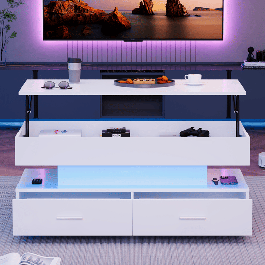 Mesa de centro hidráulica 100x50x44 cm - com LED, controlo por aplicação Bluetooth, 2 gavetas e arrumação aberta - Branco Mesa de centro hidráulica 100x50x44 cm - com LED, controlo por aplicação Bluetooth, 2 gavetas e arrumação aberta - Branco