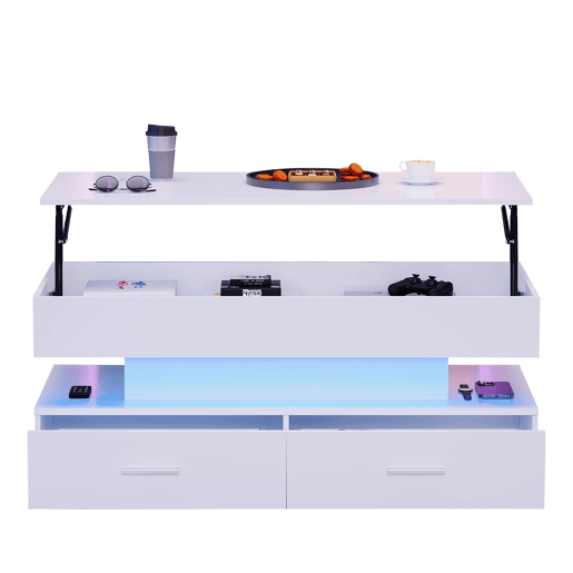 Mesa de centro hidráulica 100x50x44 cm - com LED, controlo por aplicação Bluetooth, 2 gavetas e arrumação aberta - Branco Mesa de centro hidráulica 100x50x44 cm - com LED, controlo por aplicação Bluetooth, 2 gavetas e arrumação aberta - Branco