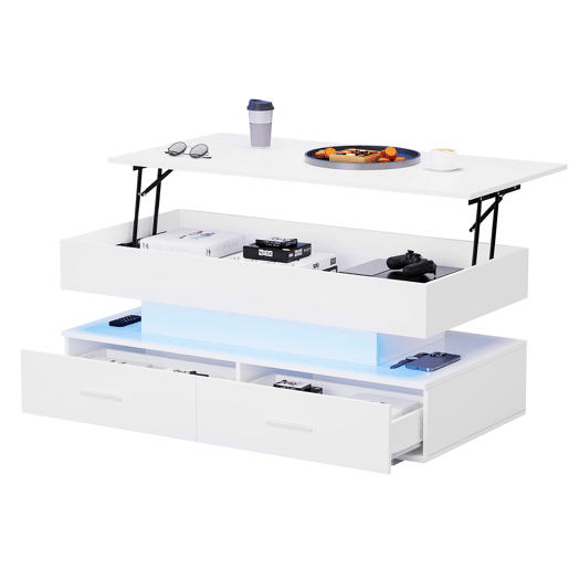 Mesa de centro hidráulica 100x50x44 cm - com LED, controlo por aplicação Bluetooth, 2 gavetas e arrumação aberta - Branco Mesa de centro hidráulica 100x50x44 cm - com LED, controlo por aplicação Bluetooth, 2 gavetas e arrumação aberta - Branco