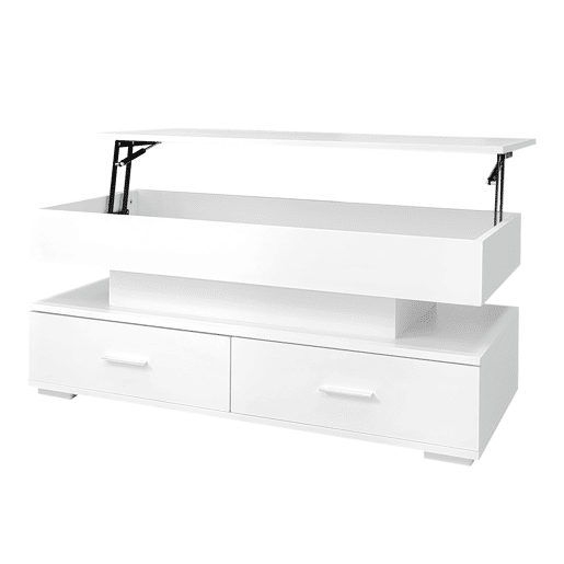 Mesa de centro hidráulica 100x50x44 cm - com LED, controlo por aplicação Bluetooth, 2 gavetas e arrumação aberta - Branco Mesa de centro hidráulica 100x50x44 cm - com LED, controlo por aplicação Bluetooth, 2 gavetas e arrumação aberta - Branco