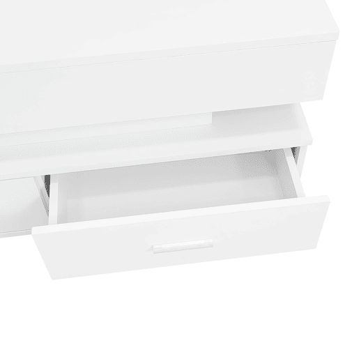 Mesa de centro hidráulica 100x50x44 cm - com LED, controlo por aplicação Bluetooth, 2 gavetas e arrumação aberta - Branco Mesa de centro hidráulica 100x50x44 cm - com LED, controlo por aplicação Bluetooth, 2 gavetas e arrumação aberta - Branco
