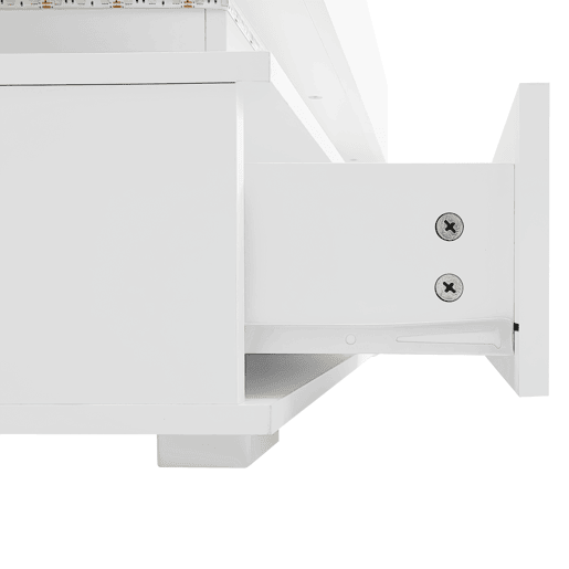Mesa de centro hidráulica 100x50x44 cm - com LED, controlo por aplicação Bluetooth, 2 gavetas e arrumação aberta - Branco Mesa de centro hidráulica 100x50x44 cm - com LED, controlo por aplicação Bluetooth, 2 gavetas e arrumação aberta - Branco