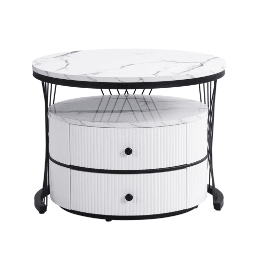 Conjunto de mesas de centro empilháveis 60x60x46cm e 50x50x31cm - Tampos redondos com acabamento efeito mármore, 2 gavetas - Branco