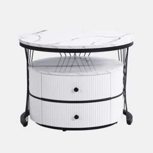 Conjunto de mesas de centro empilháveis 60x60x46cm e 50x50x31cm - Tampos redondos com acabamento efeito mármore, 2 gavetas - Branco