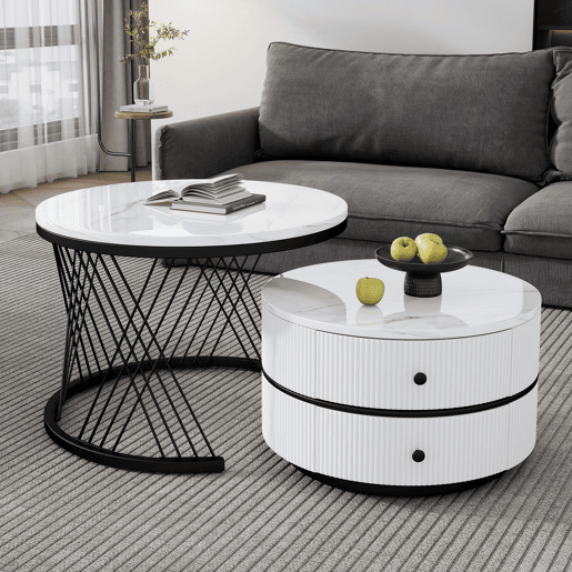 Conjunto de mesas de centro empilháveis 60x60x46cm e 50x50x31cm - Tampos redondos com acabamento efeito mármore, 2 gavetas - Branco