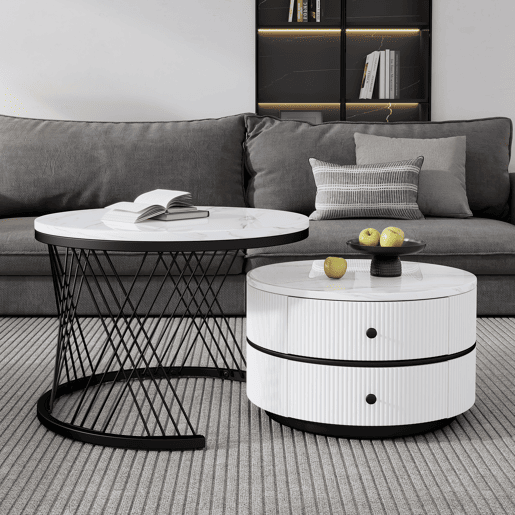 Conjunto de mesas de centro empilháveis 60x60x46cm e 50x50x31cm - Tampos redondos com acabamento efeito mármore, 2 gavetas - Branco