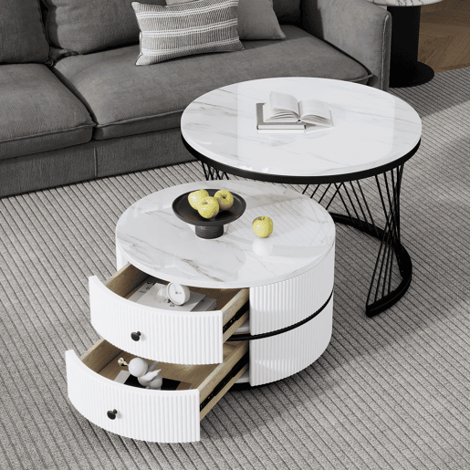 Conjunto de mesas de centro empilháveis 60x60x46cm e 50x50x31cm - Tampos redondos com acabamento efeito mármore, 2 gavetas - Branco