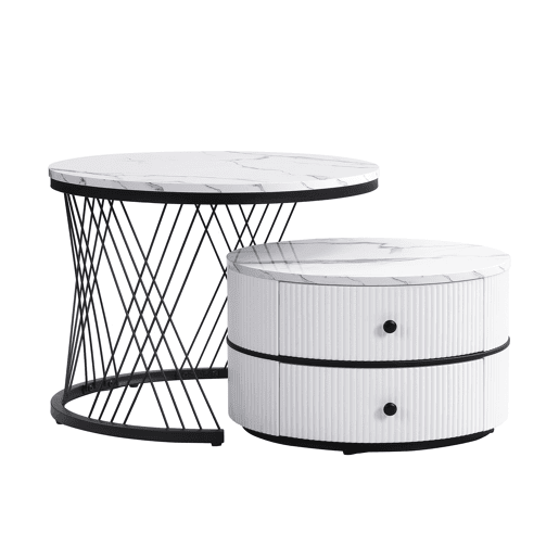 Conjunto de mesas de centro empilháveis 60x60x46cm e 50x50x31cm - Tampos redondos com acabamento efeito mármore, 2 gavetas - Branco