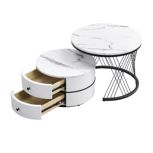 Conjunto de mesas de centro empilháveis 60x60x46cm e 50x50x31cm - Tampos redondos com acabamento efeito mármore, 2 gavetas - Branco