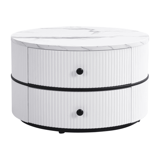Conjunto de mesas de centro empilháveis 60x60x46cm e 50x50x31cm - Tampos redondos com acabamento efeito mármore, 2 gavetas - Branco