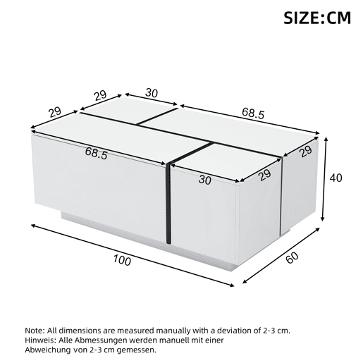 Mesa de centro quadrada 100x60x40 cm - Mesa de sala com quatro gavetas, tampo deslizante, até 30 kg - Branco