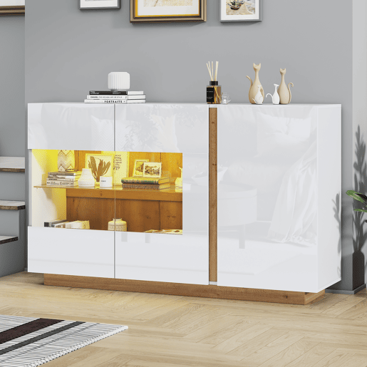 Móvel aparador 138x38x90,5 cm - Alta brilho, com base em madeira, tabuleiro em aglomerado e vidro - Branco