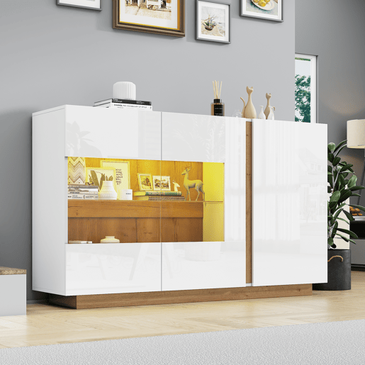Móvel aparador 138x38x90,5 cm - Alta brilho, com base em madeira, tabuleiro em aglomerado e vidro - Branco