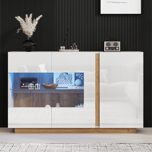 Móvel aparador 138x38x90,5 cm - Alta brilho, com base em madeira, tabuleiro em aglomerado e vidro - Branco