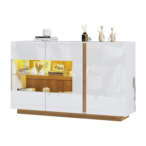 Móvel aparador 138x38x90,5 cm - Alta brilho, com base em madeira, tabuleiro em aglomerado e vidro - Branco