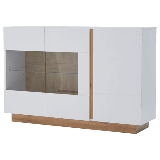 Móvel aparador 138x38x90,5 cm - Alta brilho, com base em madeira, tabuleiro em aglomerado e vidro - Branco