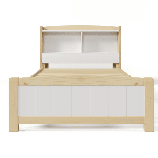 Cama individual 90x200 cm - Cabeceira, com arrumação, com estrado, cama em madeira maciça, para crianças e jovens, pinho natural e branco (com colchão)