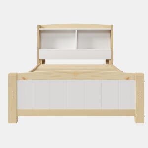 Cama individual 90x200 cm - Cabeceira, com arrumação, com estrado, cama em madeira maciça, para crianças e jovens, pinho natural e branco (com colchão)