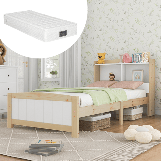 Cama individual 90x200 cm - Cabeceira, com arrumação, com estrado, cama em madeira maciça, para crianças e jovens, pinho natural e branco (com colchão)