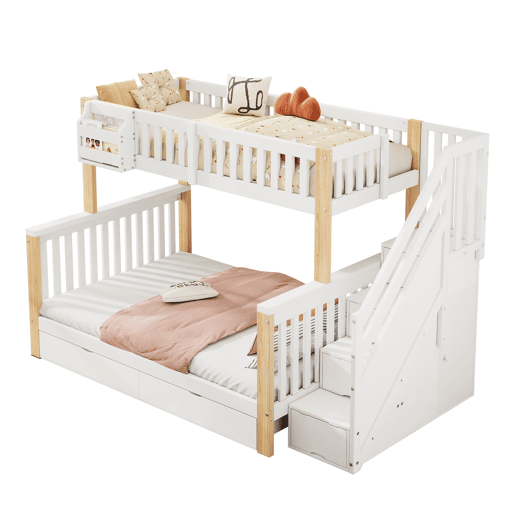 Cama beliche infantil - multifuncional com gaveta, estante e armário com escada - branco + natural
