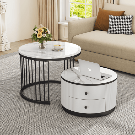 Conjunto de mesas de centro empilháveis - 60x60x45,5 cm e 50x50x32 cm - Com 2 gavetas, mesa redonda com efeito mármore brilhante - Branco Conjunto de mesas de centro empilháveis - 60x60x45,5 cm e 50x50x32 cm - Com 2 gavetas, mesa redonda com efeito mármore brilhante - Branco