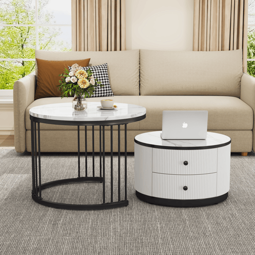 Conjunto de mesas de centro empilháveis - 60x60x45,5 cm e 50x50x32 cm - Com 2 gavetas, mesa redonda com efeito mármore brilhante - Branco Conjunto de mesas de centro empilháveis - 60x60x45,5 cm e 50x50x32 cm - Com 2 gavetas, mesa redonda com efeito mármore brilhante - Branco