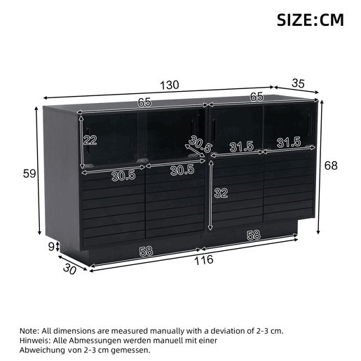 Móvel de arrumação 130x35x68 cm - Com 2 armários, 4 compartimentos, portas de vidro, com luz LED, moderno, com amplo espaço de arrumação