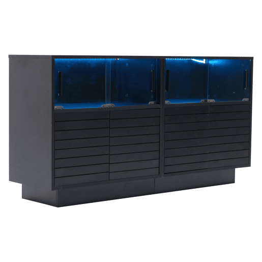 Móvel de arrumação 130x35x68 cm - Com 2 armários, 4 compartimentos, portas de vidro, com luz LED, moderno, com amplo espaço de arrumação