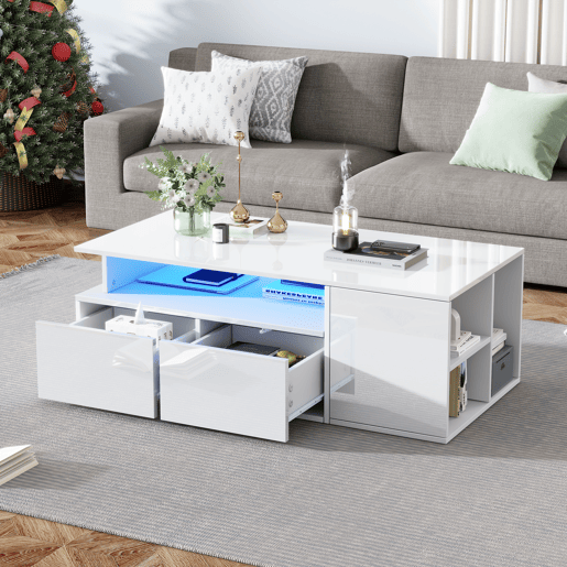 Mesa de centro 100x50x35 cm - Sofá com LED, mesa de café com 2 gavetas, capacidade de carga de 60 kg, branco