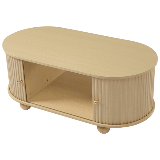 Mesa de centro ovalada com arrumação - Móvel multifuncional com portas de correr - Cor madeira